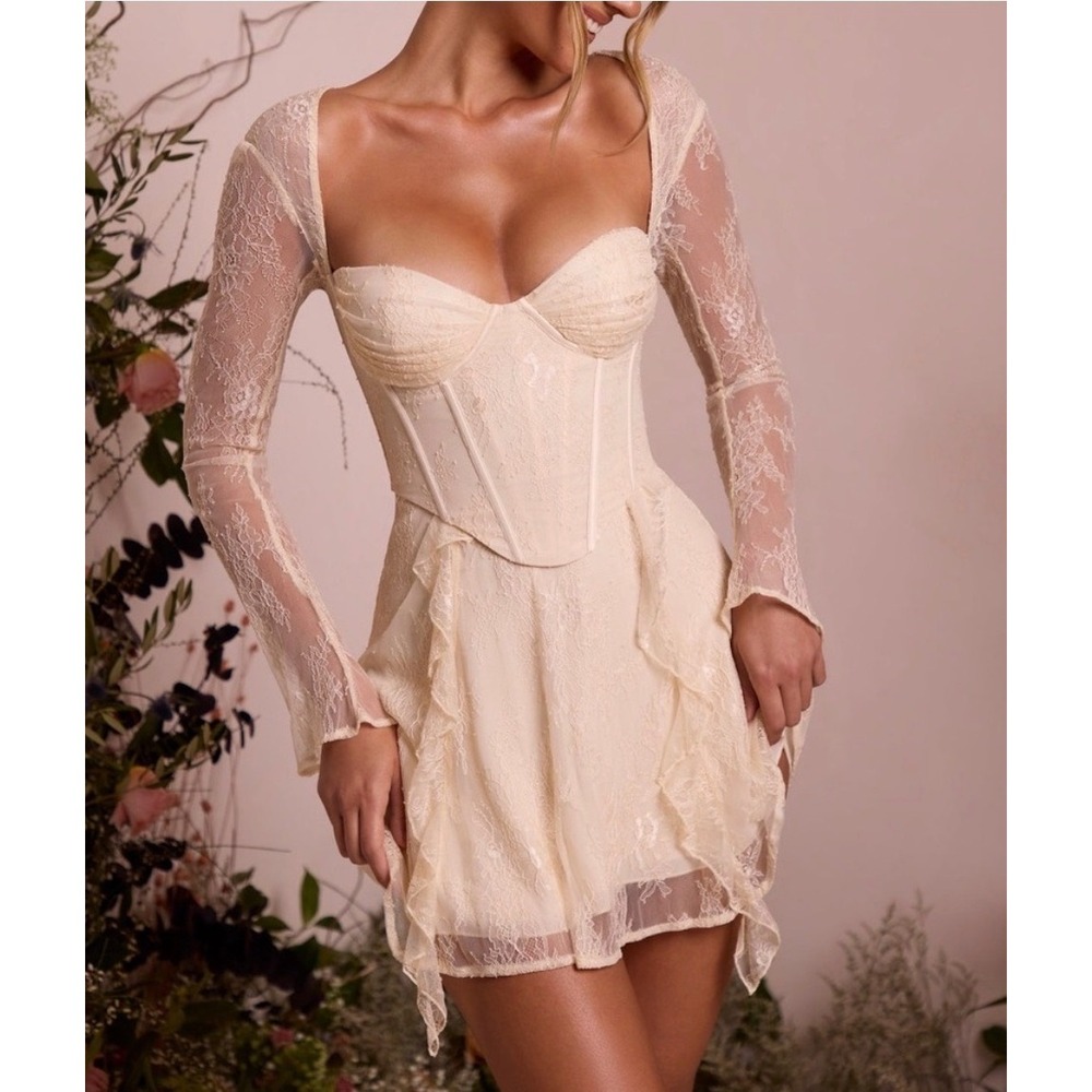 Oh Polly Ivory Lace Corset Mini Dress Long Sleeve Ruffle Skirt 6729 US 2 NWT